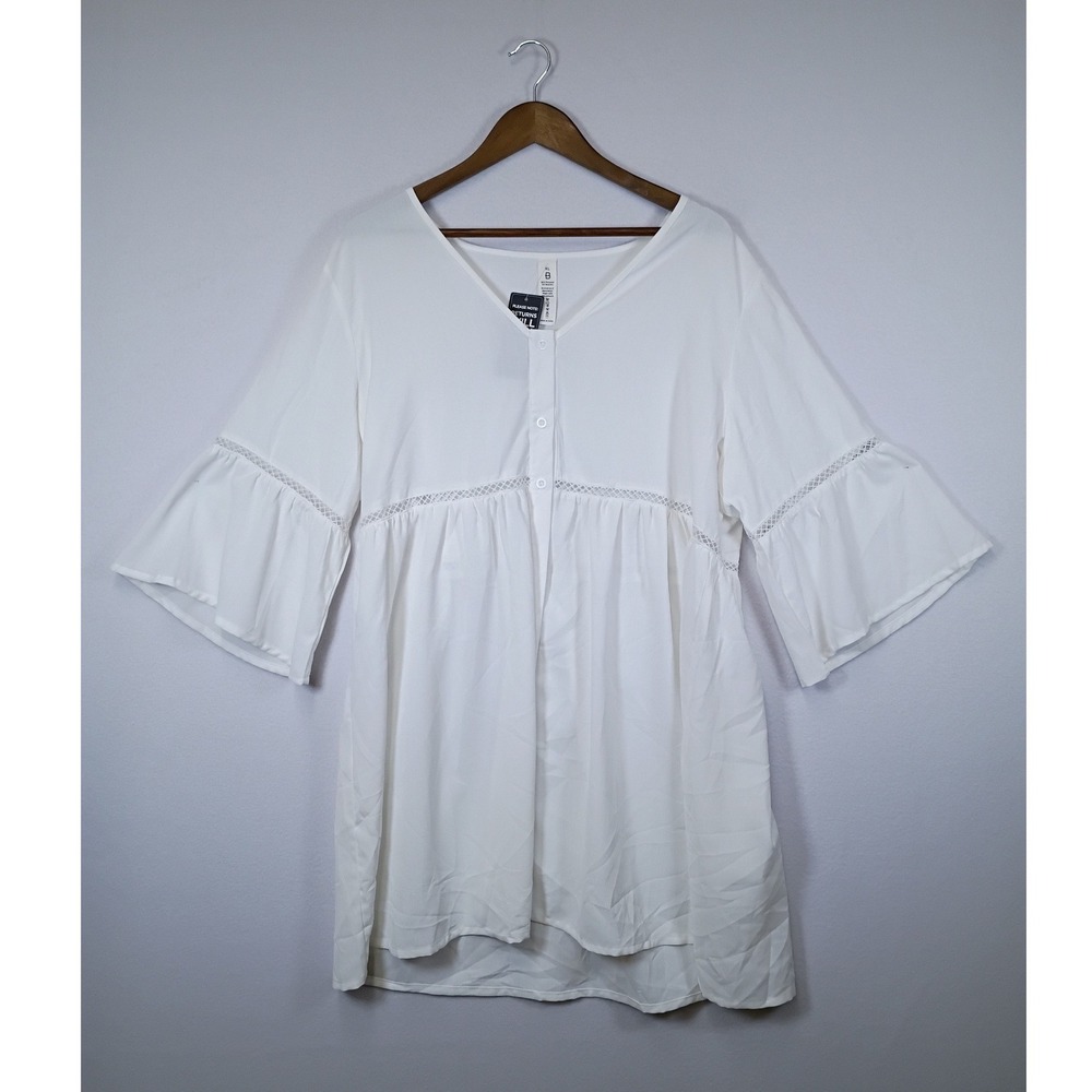 Boho BMJL Womens XL White Crochet Lace Bell Sleeve Babydoll Tunic Top